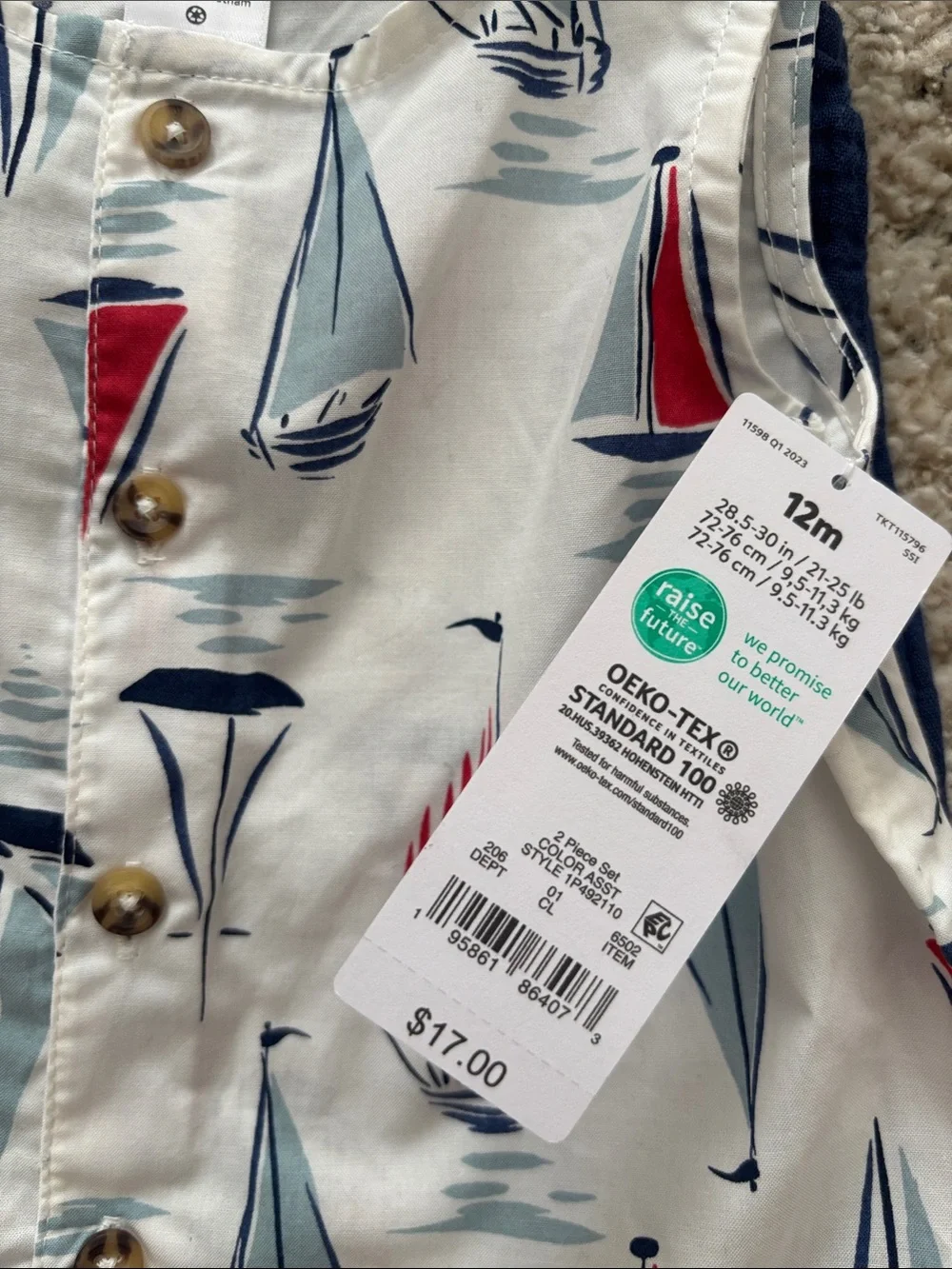 Carter's 12M Sailboat Print and Gauze Sleeveless Romper - White, Red & Navy